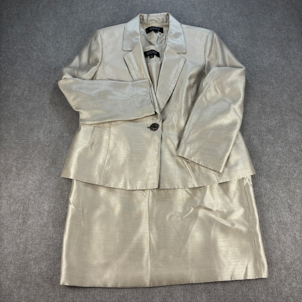 Kasper Womens Champagne Gold Metallic Skirt Suit Set Blazer Size 16P Petite